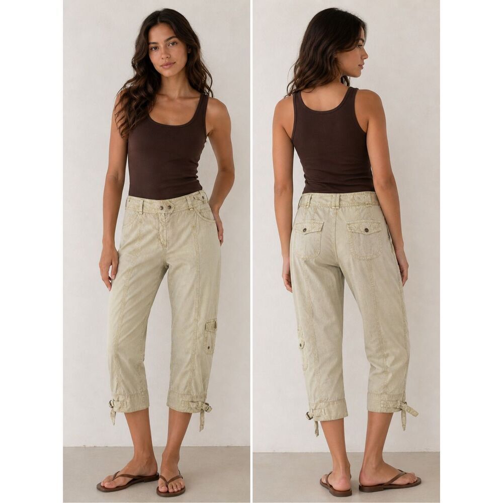 BiBA Beige Cotton Cargo Capri Pants Luxury European Collection Size US 10